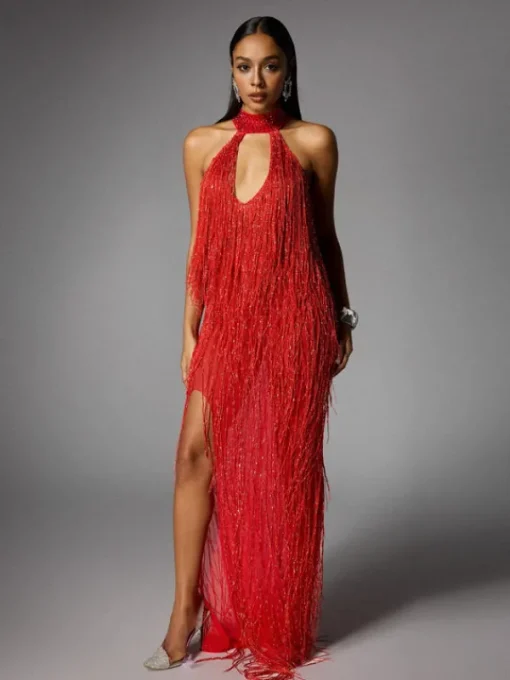 Dresses | Maxi Dresses*W Jia Elvrik Halterneck Fringe Cutout Split Maxi Dress In Red