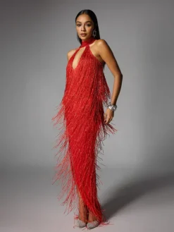 Dresses | Maxi Dresses*W Jia Elvrik Halterneck Fringe Cutout Split Maxi Dress In Red