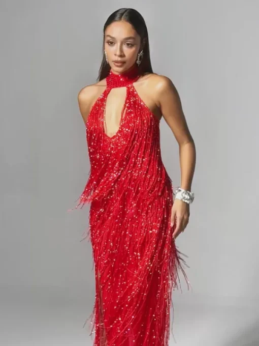 Dresses | Maxi Dresses*W Jia Elvrik Halterneck Fringe Cutout Split Maxi Dress In Red