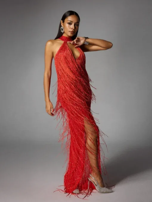 Dresses | Maxi Dresses*W Jia Elvrik Halterneck Fringe Cutout Split Maxi Dress In Red