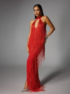 Dresses | Maxi Dresses*W Jia Elvrik Halterneck Fringe Cutout Split Maxi Dress In Red