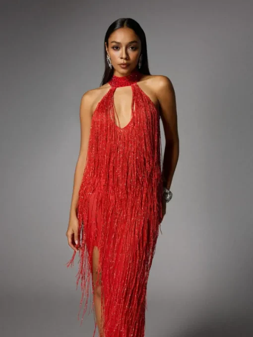 Dresses | Maxi Dresses*W Jia Elvrik Halterneck Fringe Cutout Split Maxi Dress In Red