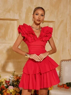 Sets & Co-ords*Mew Mews Fashion Elyana V Neck Ruffle Tiered Skirt Set