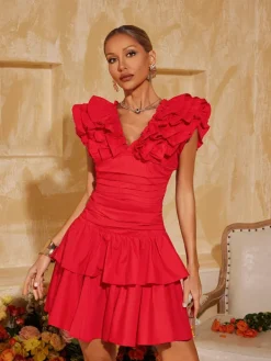 Sets & Co-ords*Mew Mews Fashion Elyana V Neck Ruffle Tiered Skirt Set