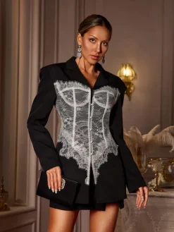 Coats & Jackets | Blazers*Mew Mews Fashion Eormenburh Deconstructed Lace Lapel Blazer In Black
