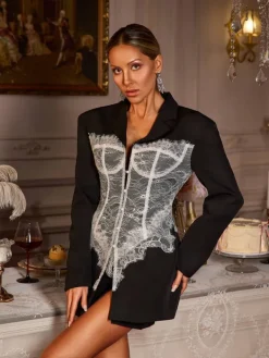 Coats & Jackets | Blazers*Mew Mews Fashion Eormenburh Deconstructed Lace Lapel Blazer In Black