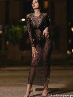 Dresses*Jiu Bajia O/S Eormengard Long Sleeve Rhinestone Maxi Dress In Black