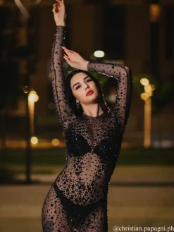 Dresses*Jiu Bajia O/S Eormengard Long Sleeve Rhinestone Maxi Dress In Black