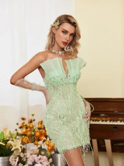 Embellishment | Dresses*Lu Yili Eos Strapless Rhinestone Fringe Dress With Gloves
