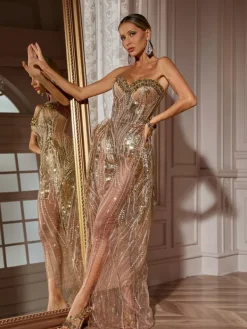 Dresses | Maxi Dresses*Jiu Bajia O/S Ephram Strapless Rhinestone Sequin Dress In Gold
