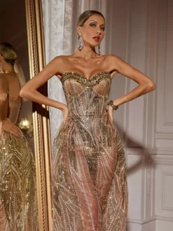 Dresses | Maxi Dresses*Jiu Bajia O/S Ephram Strapless Rhinestone Sequin Dress In Gold