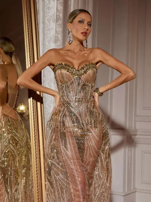 Dresses | Maxi Dresses*Jiu Bajia O/S Ephram Strapless Rhinestone Sequin Dress In Gold