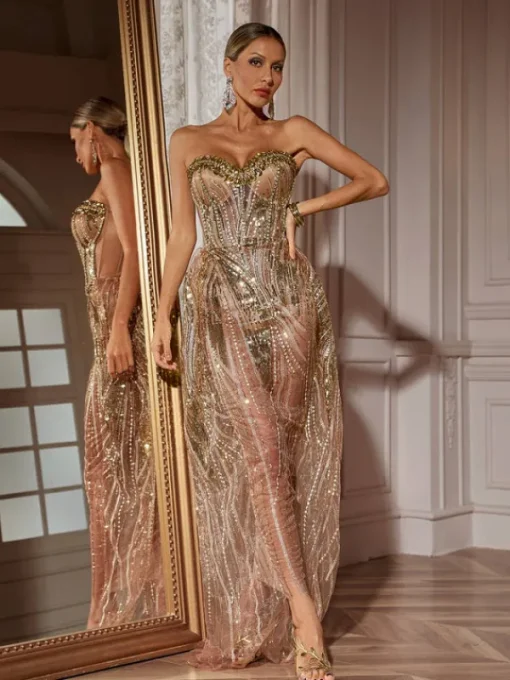 Dresses | Maxi Dresses*Jiu Bajia O/S Ephram Strapless Rhinestone Sequin Dress In Gold