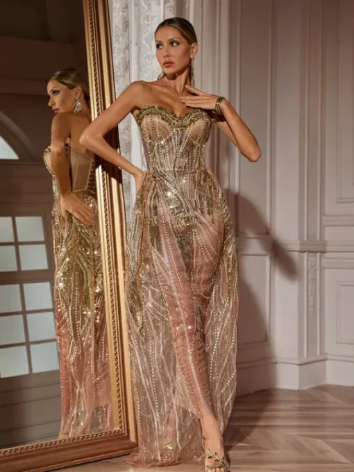 Dresses | Maxi Dresses*Jiu Bajia O/S Ephram Strapless Rhinestone Sequin Dress In Gold