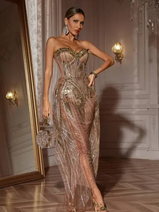 Dresses | Maxi Dresses*Jiu Bajia O/S Ephram Strapless Rhinestone Sequin Dress In Gold