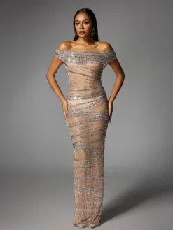 Dresses | Maxi Dresses*W Jia Eryx Off Shoulder Rhinestone Mesh Maxi Dress In Nude