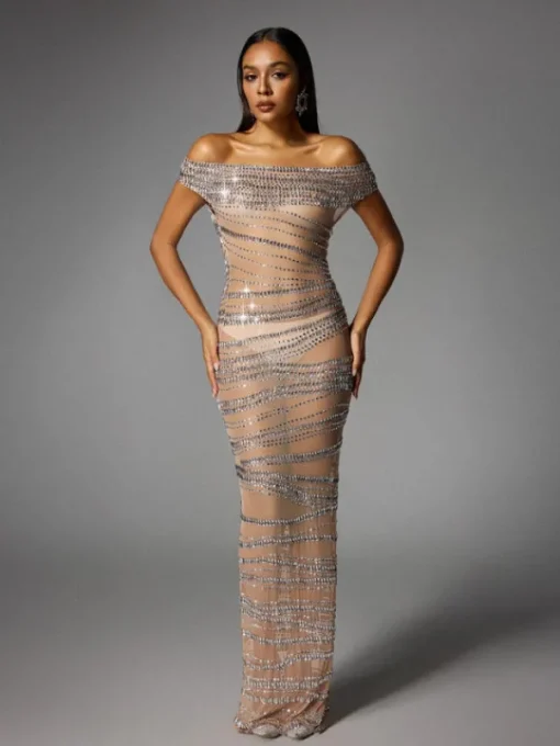 Dresses | Maxi Dresses*W Jia Eryx Off Shoulder Rhinestone Mesh Maxi Dress In Nude