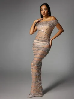 Dresses | Maxi Dresses*W Jia Eryx Off Shoulder Rhinestone Mesh Maxi Dress In Nude