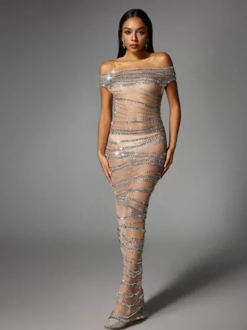 Dresses | Maxi Dresses*W Jia Eryx Off Shoulder Rhinestone Mesh Maxi Dress In Nude