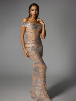 Dresses | Maxi Dresses*W Jia Eryx Off Shoulder Rhinestone Mesh Maxi Dress In Nude