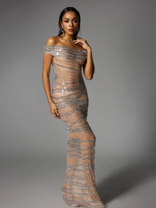 Dresses | Maxi Dresses*W Jia Eryx Off Shoulder Rhinestone Mesh Maxi Dress In Nude