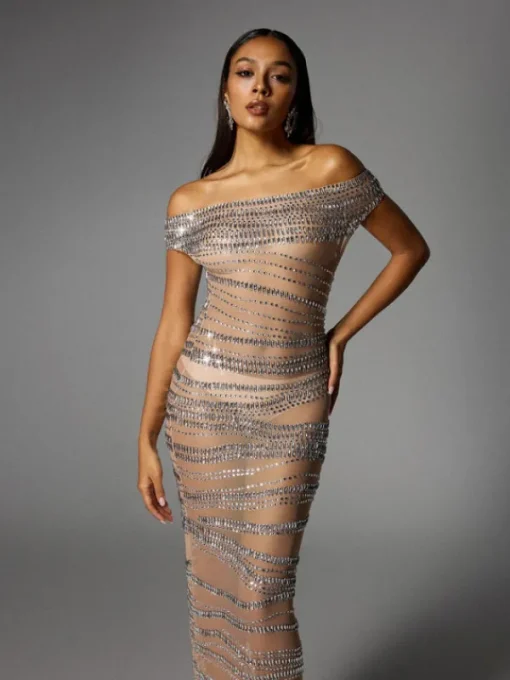 Dresses | Maxi Dresses*W Jia Eryx Off Shoulder Rhinestone Mesh Maxi Dress In Nude