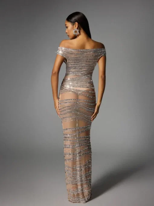 Dresses | Maxi Dresses*W Jia Eryx Off Shoulder Rhinestone Mesh Maxi Dress In Nude