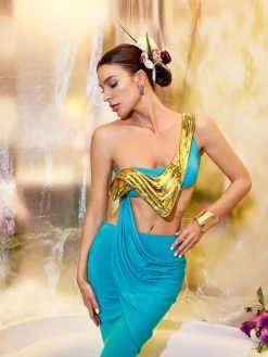 Armor Tops*Mew Mews Fashion O/S Esaac Metallic Drapery Armor Top In Gold