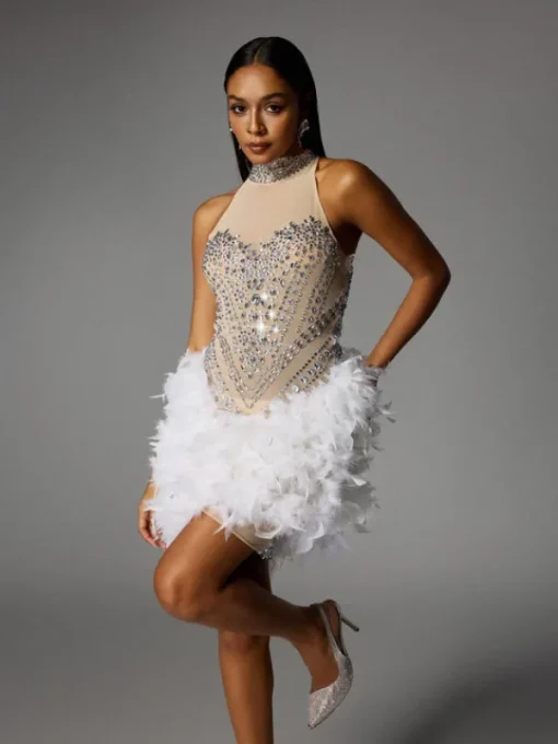 Embellishment | Dresses*Embellishment Eszra Halterneck Rhinestone Feather Sequin Mini Dress