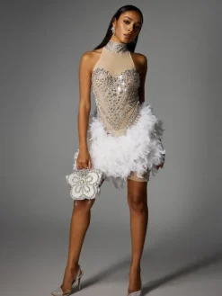 Embellishment | Dresses*Embellishment Eszra Halterneck Rhinestone Feather Sequin Mini Dress