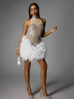 Embellishment | Dresses*Embellishment Eszra Halterneck Rhinestone Feather Sequin Mini Dress