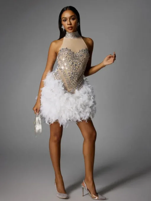 Embellishment | Dresses*Embellishment Eszra Halterneck Rhinestone Feather Sequin Mini Dress