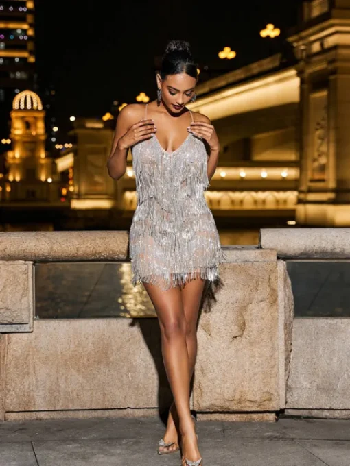 Embellishment | Dresses*Embellishment Fiadh Crystal Chain Fringe Mesh Mini Dress In Silver