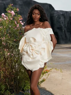 Dresses*Mew Mews Fashion Gannon Off Shoulder Flower Satin Mini Dress
