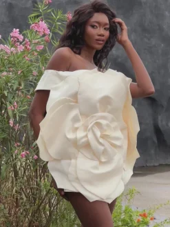 Dresses*Mew Mews Fashion Gannon Off Shoulder Flower Satin Mini Dress