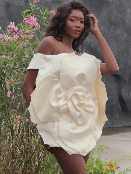 Dresses*Mew Mews Fashion Gannon Off Shoulder Flower Satin Mini Dress