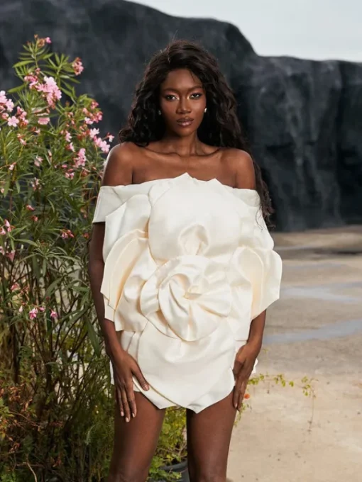 Dresses*Mew Mews Fashion Gannon Off Shoulder Flower Satin Mini Dress