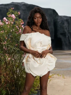 Dresses*Mew Mews Fashion Gannon Off Shoulder Flower Satin Mini Dress