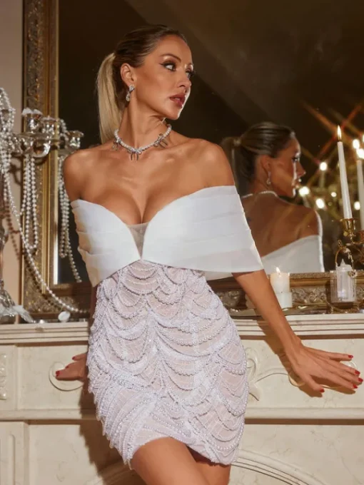 Embellishment | Dresses*Lu Yili Geniinewab Off Shoulder Pearl Embellished Mini Dress