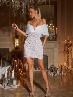 Embellishment | Dresses*Lu Yili Geniinewab Off Shoulder Pearl Embellished Mini Dress