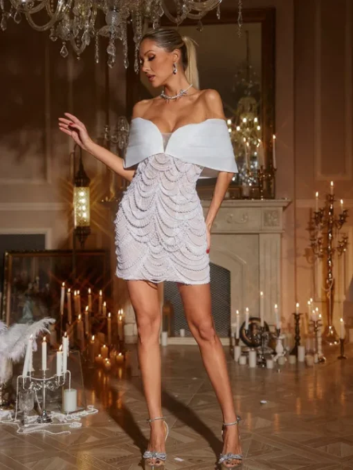 Embellishment | Dresses*Lu Yili Geniinewab Off Shoulder Pearl Embellished Mini Dress