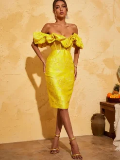Dresses*Mew Mews Fashion Giselle Jacquard Off Shoulder Midi Dress In Yellow
