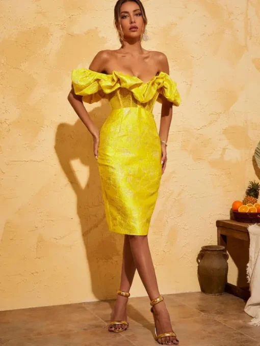 Dresses*Mew Mews Fashion Giselle Jacquard Off Shoulder Midi Dress In Yellow