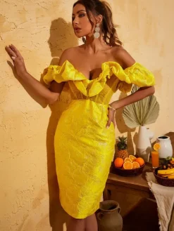 Dresses*Mew Mews Fashion Giselle Jacquard Off Shoulder Midi Dress In Yellow