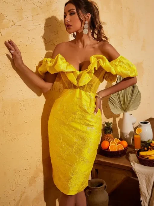 Dresses*Mew Mews Fashion Giselle Jacquard Off Shoulder Midi Dress In Yellow