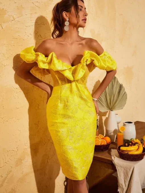 Dresses*Mew Mews Fashion Giselle Jacquard Off Shoulder Midi Dress In Yellow