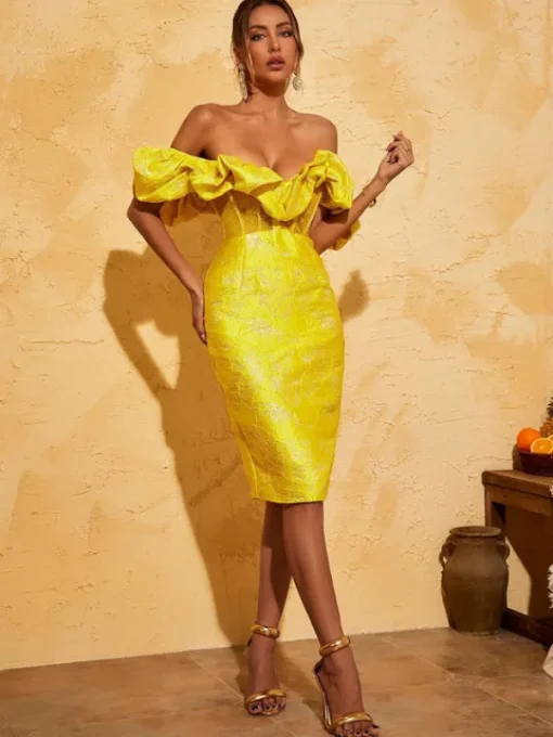 Dresses*Mew Mews Fashion Giselle Jacquard Off Shoulder Midi Dress In Yellow