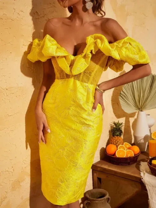 Dresses*Mew Mews Fashion Giselle Jacquard Off Shoulder Midi Dress In Yellow