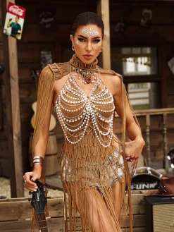 Tops*Mew Mews Fashion O/S Gordon Fringe Pearl Beaded Bralette