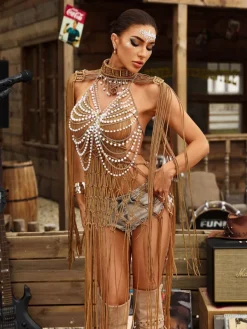 Tops*Mew Mews Fashion O/S Gordon Fringe Pearl Beaded Bralette